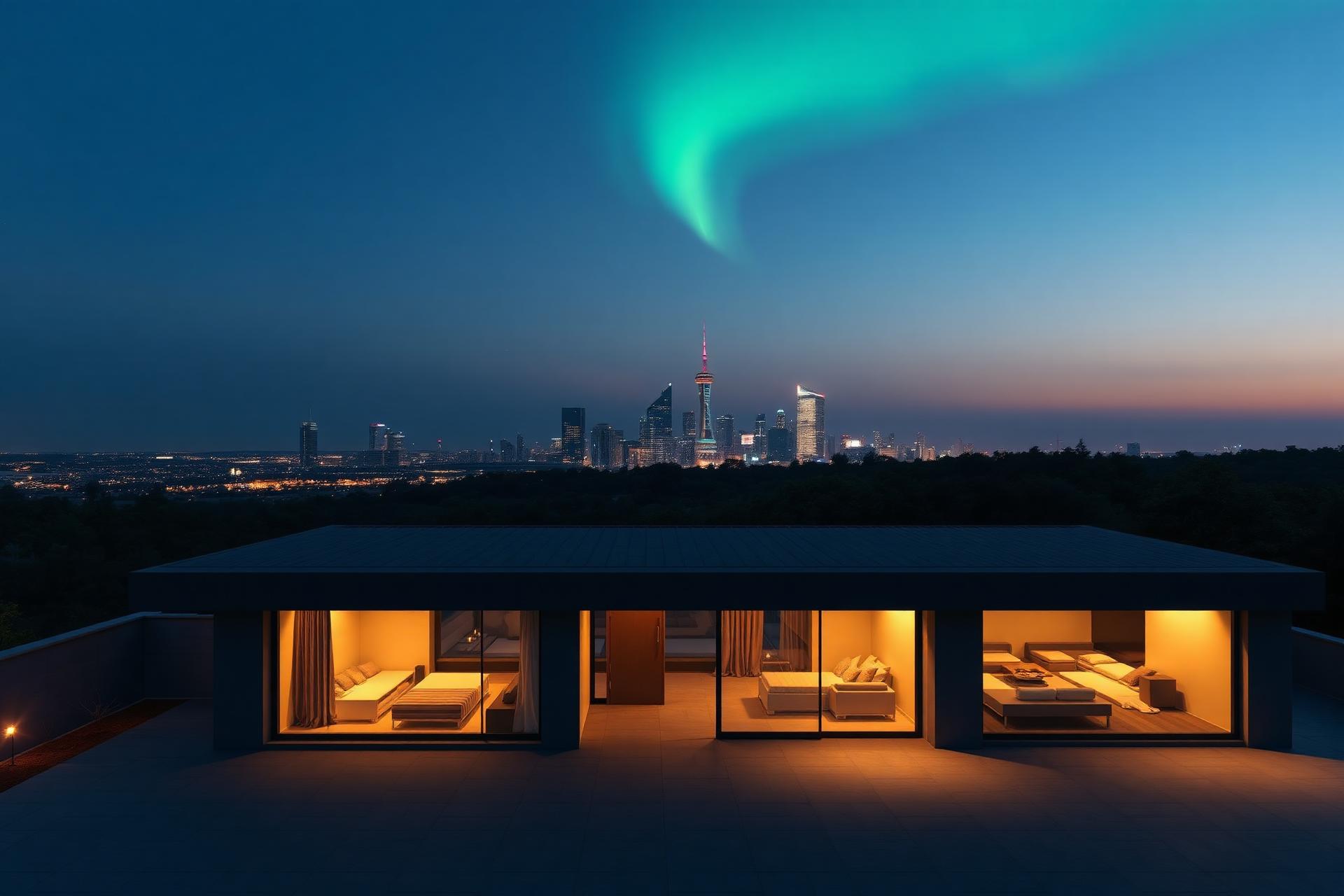Casa moderna sustentável com cidade iluminada ao fundo